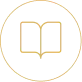 A pixelated icon of an open book outlined in yellow, centered within a yellow circle on a transparent background.