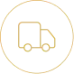 Yellow outlined icon of a delivery truck inside a circle, with a small square on the truck's cargo area, set against a transparent background.