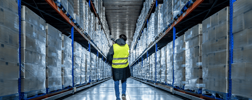 A person wearing a yellow safety vest walks down an aisle in a large warehouse filled with stacked pallets and boxes on high shelves.