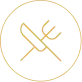 A yellow crossed fork and knife icon inside a yellow circle, overlaid on a gray and black pixelated background.