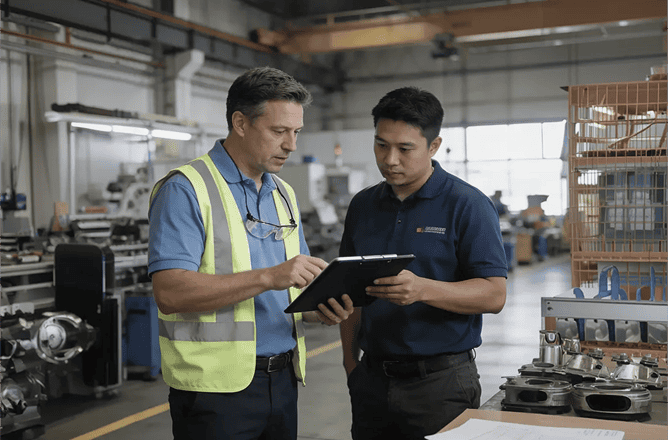 Two men standing in a factory discuss something on a clipboard; one wears a high-visibility vest, and the other wears a navy polo shirt. Machinery and metal parts are visible in the background.
