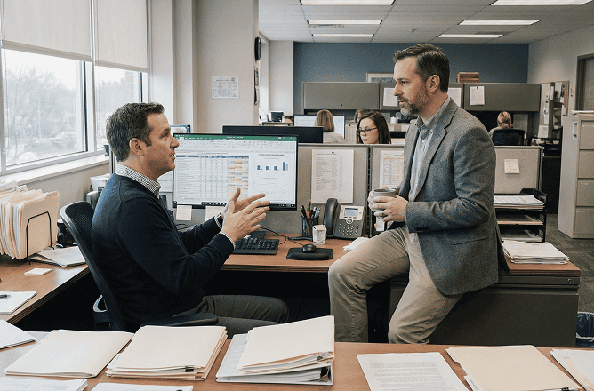 Two men have a discussion in an office; one sits at a desk with spreadsheets and charts on his computer screen while the other, holding a mug, sits on the desk. Papers, phones, and computers fill the busy workspace.