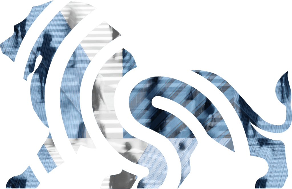 Abstract lion silhouette with blue-toned, semi-transparent cityscape and blurred people inside the shape, suggesting a blend of strength and urban life.