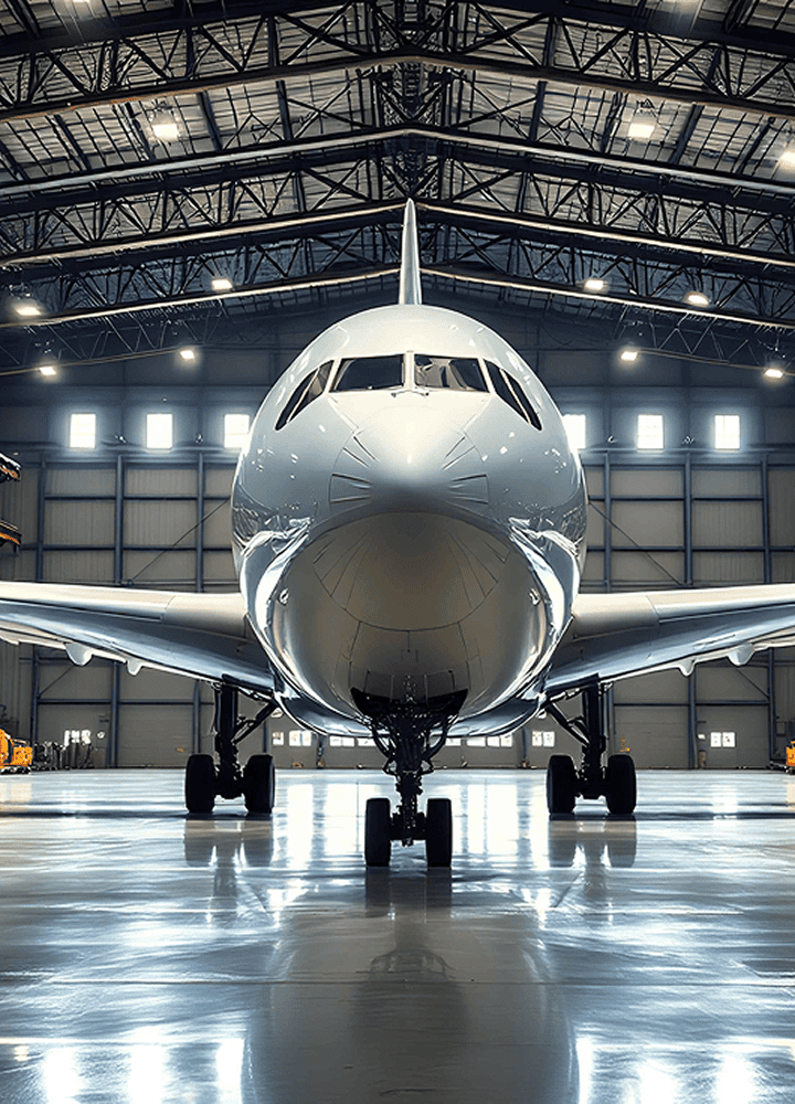 A large commercial airplane is parked inside a spacious, well-lit hangar with a shiny floor and a high, metal ceiling.